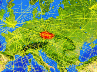 Czech republic from space on model of planet Earth with networks. Detailed planet surface with city lights.