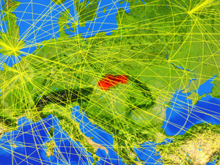 Slovakia from space on model of planet Earth with networks. Detailed planet surface with city lights.