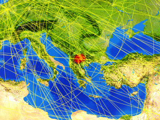 Macedonia from space on model of planet Earth with networks. Detailed planet surface with city lights.