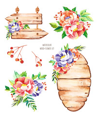 Watercolor wooden elements and bouquets. Handpainted  watercolor wooden pointers with flowers, branches, leaves and berries. Use for postcard, print, invitations, packaging, lettering etc. - 239117006