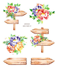 Watercolor wooden elements and bouquets. Handpainted  watercolor wooden pointers with flowers, branches, leaves and berries. Use for postcard, print, invitations, packaging, lettering etc. - 239117022