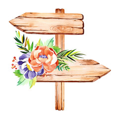 Watercolor wooden elements and bouquets. Handpainted  watercolor wooden pointers with flowers, branches, leaves and berries. Use for postcard, print, invitations, packaging, lettering etc. - 239117027