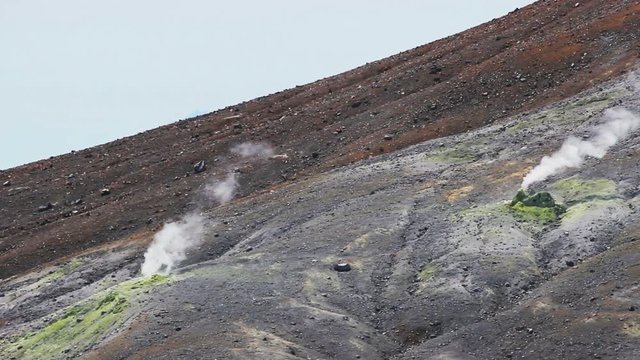 Volcanic activity, sulfur fumarole and hot gas on the slope of Ebeko volcano, Northern Kuriles, Paramushir Island