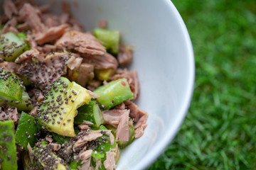 green salad with tuna and avocado and chia seeds