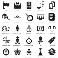 Simple Set of 25 Vector Icon. Contains such Icons as Bad Settings, Rearrange, Document Sheets, Open Mail, On Button, Speedometer, Bell, Two Dollar Bills. Editable Stroke pixel perfect