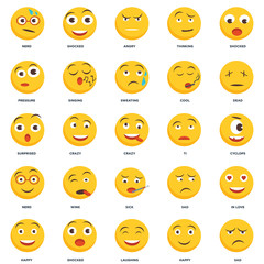 Set Of 25 icons such as Sad, Happy, Laughing, Shocked, Dead, Ti, Sick, Nerd, Pressure, Angry, Shocked icon