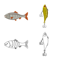 Vector design of fish and fishing sign. Set of fish and equipment stock symbol for web.