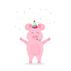 Pig in a party striped hat with a whistle. Piglet celebrates birthday. Confetti.
