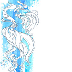 Fishes,waves and blue watercolor element on white background with space for text. Can be used creating card or invitation card. Vector illustration.