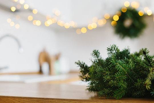 White Modern Kitchen Scandinavian Style Decorated For Christmas.