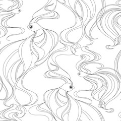 Seamless pattern with fishes . Black and white vector illustration.