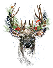 forest deer watercolor illustration. Christmas reindeer. Winter greeting card design. forest wild nature