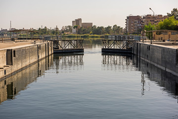 Fototapeta premium Landscape view of large lock on river nile in Egypt