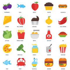 Fototapeta na wymiar Set Of 25 icons such as Burger, Olive oil, Crab, Fish, Chili pepper, Ketchup, Honey, Pizza, Cheese, Peach, Tuna icon