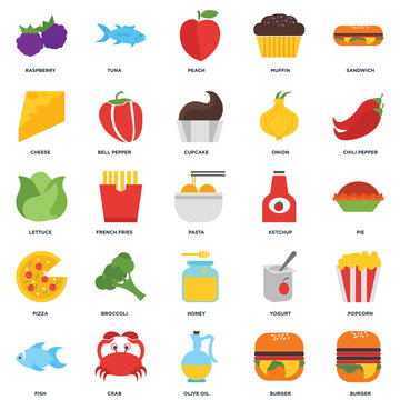 Set Of 25 icons such as Burger, Olive oil, Crab, Fish, Chili pepper, Ketchup, Honey, Pizza, Cheese, Peach, Tuna icon