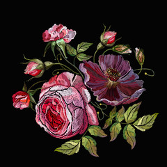 Embroidery violet flowers and pink roses flowers. Fashion template for clothes, textiles, t-shirt design