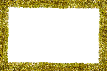 Frame made from gold tinsel, isolated on white background with clipping path and copy space in the middle. Decorations for christmas.