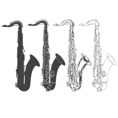 Saxophones. Vector illustration on white background. Monochrome sketch,four variants. Isolated design elements.