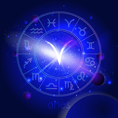 Vector illustration of sign ARIES with Horoscope circle against the space background.