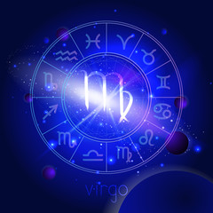 Vector illustration of sign VIRGO with Horoscope circle against the space background.