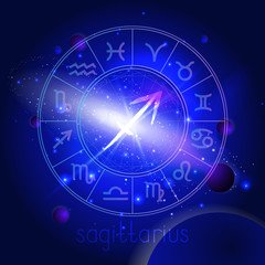 Obraz na płótnie Canvas Vector illustration of sign SAGITTARIUS with Horoscope circle against the space background.