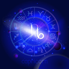 Vector illustration of sign CAPRICORN with Horoscope circle against the space background.