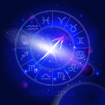 Vector illustration of sign SAGITTARIUS with Horoscope circle against the space background.