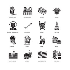 Simple Set of 16 Vector Icon. Contains such Icons as Popcorn, Fireworks, French fries, undefined, Movie, Casino, Golden state. Editable Stroke pixel perfect