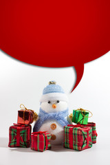 snow man doll with gift box isolated white background.With top large red  text box.