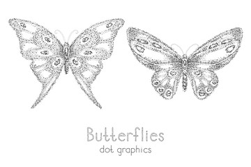Vector illustration with two black hand drawn butterflies on a white background. Dot graphics.
