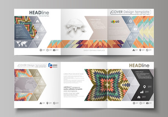 Set of business templates for tri fold square design brochures. Leaflet cover, abstract vector layout. Tribal pattern, geometrical ornament in ethno syle, ethnic backdrop, vintage fashion background.