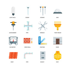 Simple Set of 16 Vector Icon. Contains such Icons as Vest, Socket, Pipe, Roof, Door, Light bulb, Jackhammer, Voltmeter, Wrench, undefined, undefined. Editable Stroke pixel perfect