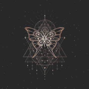 Vector illustration with hand drawn butterfly and Sacred geometric symbol on black vintage background. Abstract mystic sign. Gold linear shape.