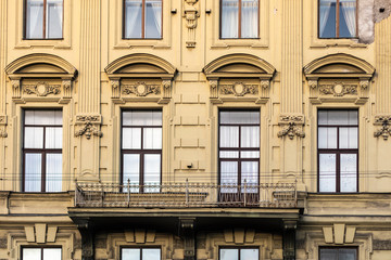 Old restored Russian building facade in Saint Petersburg