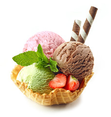various ice cream scoops in waffle basket