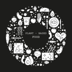 Plant-based food linear concept in circle with thin line icons on black background, template with space for text.