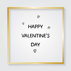 Golden frame. Happy Valentine's Day text. Card with gold border and hearts. Vector illustration