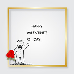 Boy holding bouquet of roses. Golden frame. Valentine's Day card. Doodle. Vector illustration