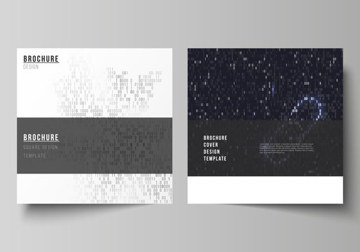The minimal vector layout of two square format covers design templates for brochure, flyer, magazine. Binary code background. AI, big data, coding or hacker concept, digital technology background.