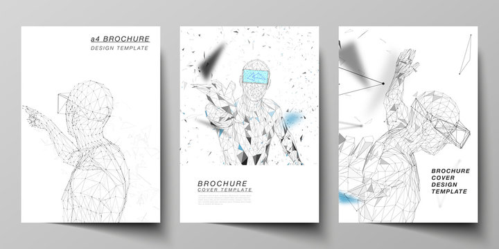 The vector layout of A4 format modern cover mockups design templates for brochure, magazine, flyer, booklet, annual report. Man with glasses of virtual reality. Abstract vr, future technology concept.