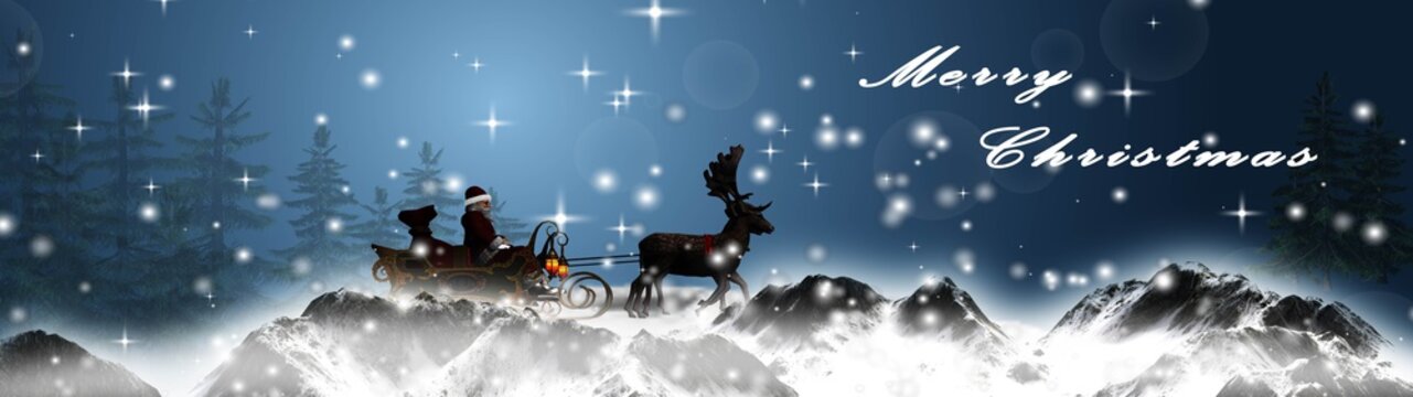 panorama christmas - santa claus with sleid and reindeers in the snowy mountains and Merry Christmas text - blur lights background