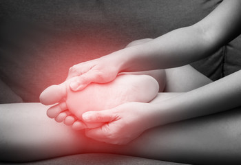 Female foot heel pain with red spot, Sesamoiditis syndrome