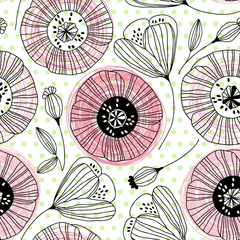 Papier peint Coquelicots Modèle sans couture avec des coquelicots sur fond de pois. Illustration vectorielle. Dessin de contour de fleurs avec des cercles roses dessinés à la main. Fond floral.