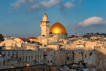 Western Wall and golden Dome of the Rock in Jerusalem Old City, Israel