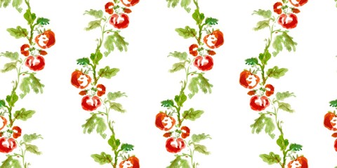 Fresh organic food-tomato. Simple painting sketch. Seamless watercolor pattern.