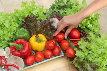 Closeup of woman's hand catching organic fresh vegetables in ceramic plate on wooden table. 