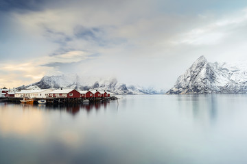 Slow shutter speed photo of morning time in Hamnoy, Lofoten island in Norway.