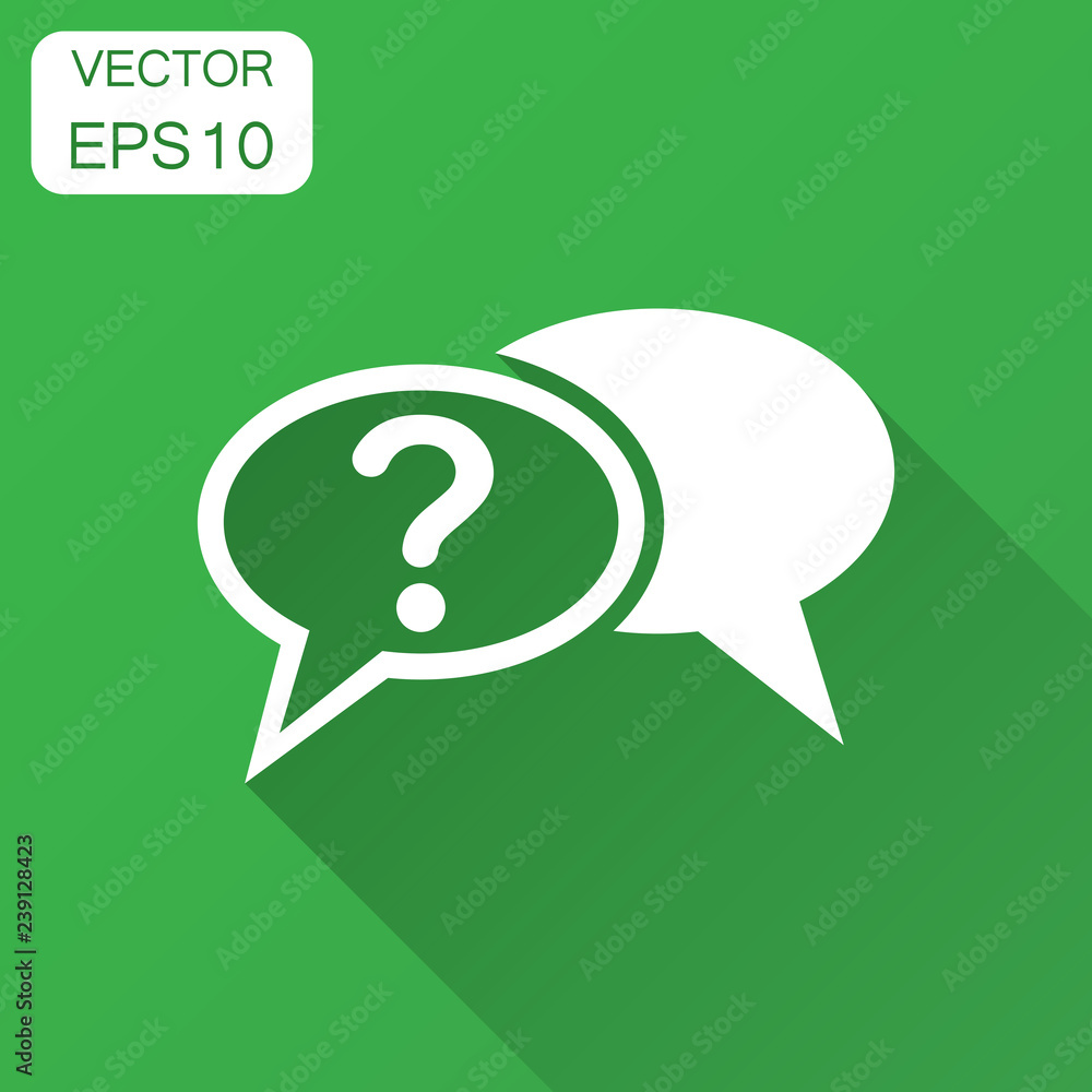 Poster question mark icon in flat style. discussion speech bubble vector illustration with long shadow. que