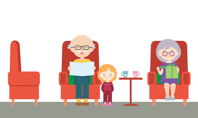 Flat design carton illustration of a grandfather and grandmother sitting on a chair and grandchild on a visit reading a newspaper and unpacking a birthday present. Isolated on white background, vector