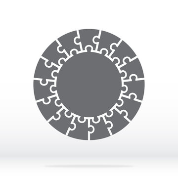 Simple icon circle puzzle in gray. Simple icon circle puzzle of the fifteen elements and center on gray background. Flat design. Vector illustration EPS10.